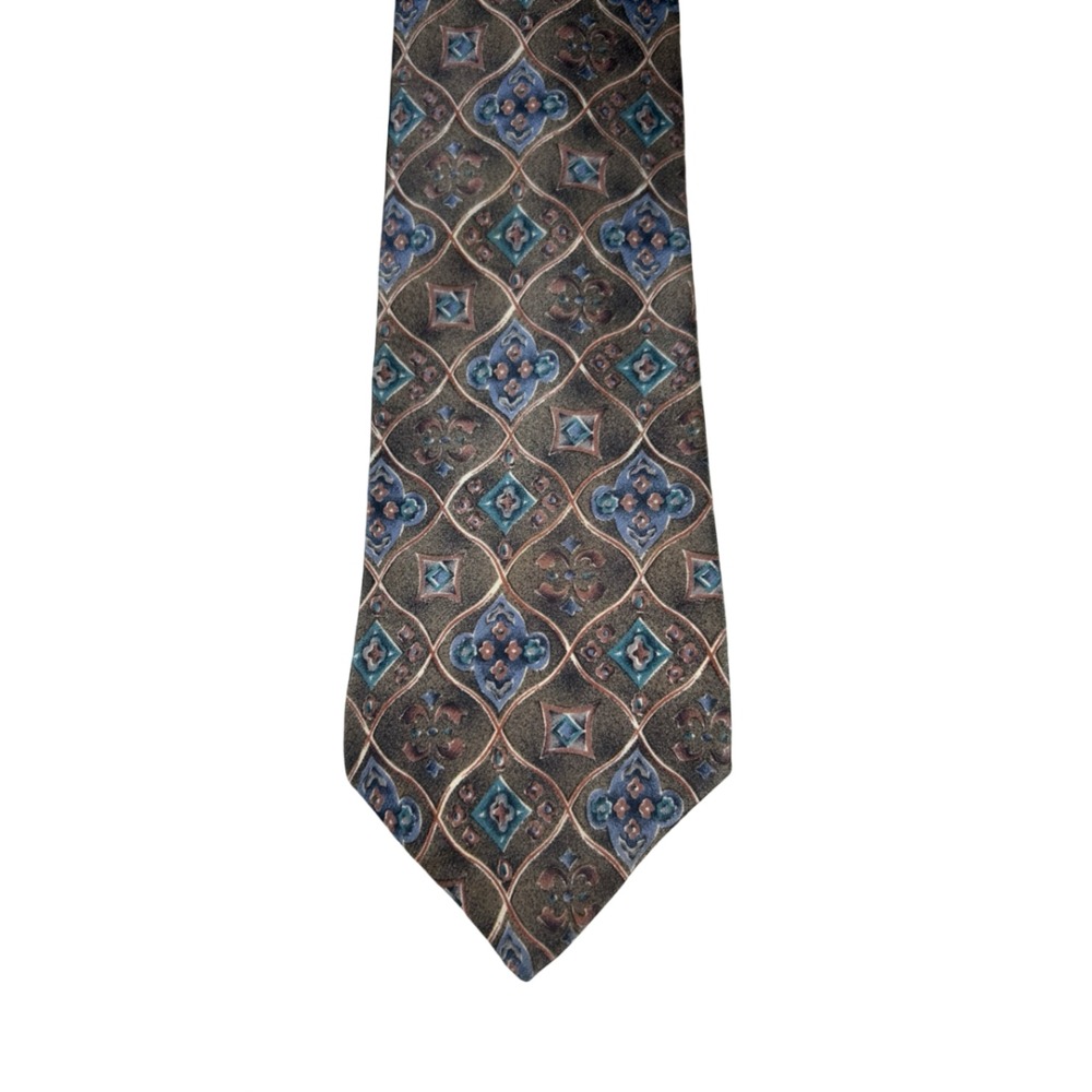 Bill Blass Mens Silk Tie Brown Blue Geometric Medallion Lattice Pattern Classic - Picture 2 of 4